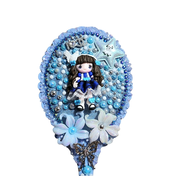 Handheld Makeup Mirror Bling Embellished Custom Decorated Blue - Picture 2 of 5